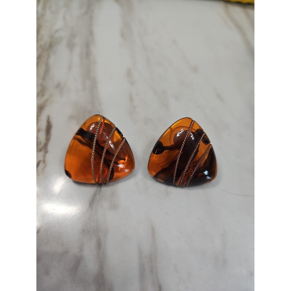 Amber Colored Acrylic Triangular Wire Wrapped Earrings Pierced No Backs